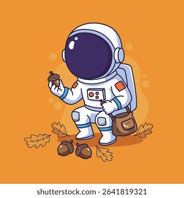 astronaut with acorn and hazelnut in autumn . vector illustration