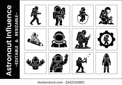 Astronaut Activity Icons In Black And White Various Poses And Professions Editable Designs