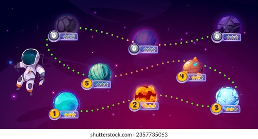 Astronaut adventure arcade game map. Vector cartoon illustration of space background with stars, travel route between fantasy alien planets, score stars and lock icons, app user interface design