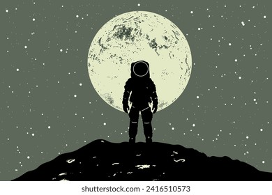 Astronaut against the backdrop of a beautiful huge planet and magnificent stars. Silhouette of an astronaut in a spacesuit on an unknown planet. Vector illustration in flat style.