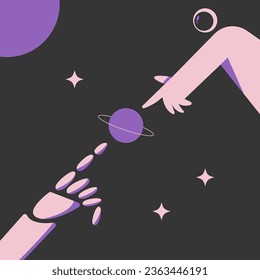 Astronaut against a background of stars reaches for a robot stream against a background of stars and the planet Saturn. Travel in space. Flat vector illustration.
