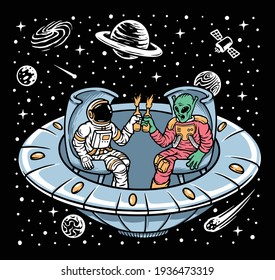 Astronaut and alien chill together inside ufo illustration