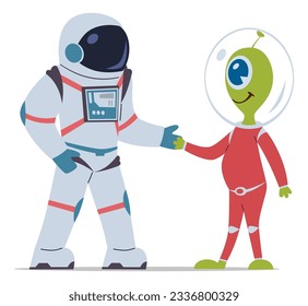 Astronaut with alien. Cosmonaut in spacesuit with helmet. Cosmic friends. Universe discovery and space exploration. Spaceman and extraterrestrial character, cartoon flat vector illustration