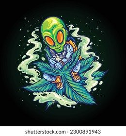 Astronaut alien cruise on space with cannabis joint rocket illustrations vector for your work logo, merchandise t-shirt, stickers and label designs, poster, greeting cards 