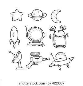 astronaut and alien doodle set