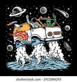 Astronaut and alien drive space car illustration