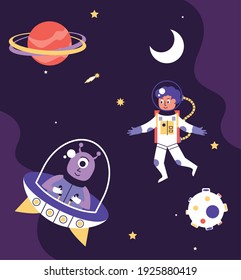 astronaut and alien driving ufo space scene vector illustration design