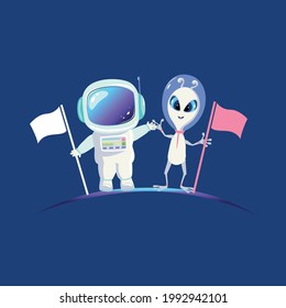 An astronaut with an alien explore the planets together. Space travel and exploration vector illustration in cartoon style.