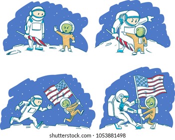 The astronaut and alien are fighting for the ability to set a flag on the moon. Comics. 