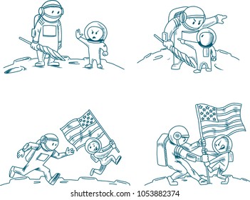 The astronaut and alien are fighting for the ability to set a flag on the moon. Comics. 