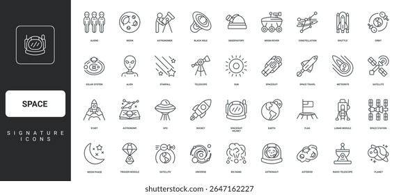 Astronaut, alien, flag on planet surface thin black symbols vector illustration. Space travel and spaceship, futuristic shuttle and observatory, constellation in universe line icon set.