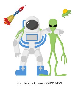 Astronaut and alien friends on a white background. Vector illustration. Rocket and UFO 