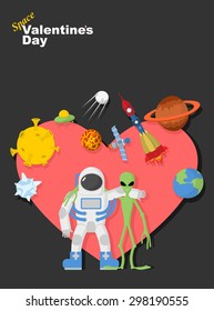 Astronaut and alien friends. Valentines day in space. Heart symbol with cosmic elements: spacecraft and rocket. UFOs and  moon. Vector illustration