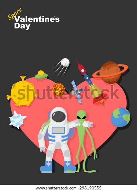 Astronaut and alien friends. Valentines day\
in space. Heart symbol with cosmic elements: spacecraft and rocket.\
UFOs and  moon. Vector\
illustration