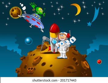 astronaut and alien met on a distant planet, vector