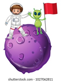 Astronauta e alienígena na ilustração de planeta roxo