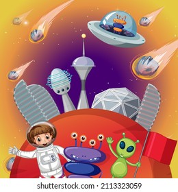 An astronaut with alien in outer space illustration
