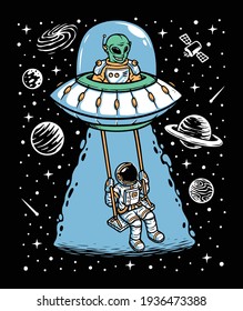 Astronaut and alien playing together illustration