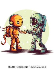 astronaut and alien playing together illustration