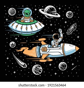 Astronaut and alien race illustration