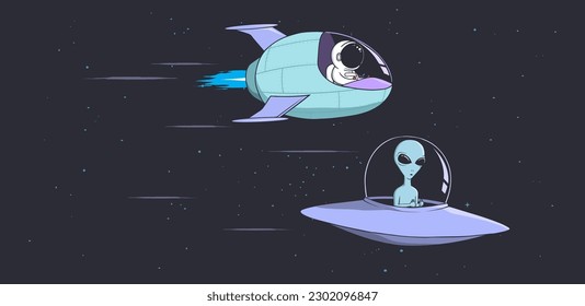 Astronaut and alien racing on flying saucers and spaceship