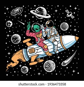 Astronaut and alien ride on rockets illustration