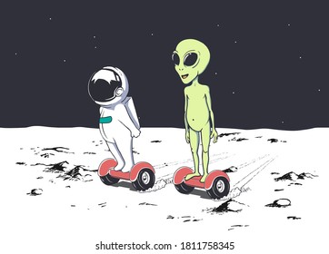 Astronaut and alien rides on gyro scooter on planet.They are good friends.Vector.