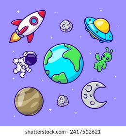 Astronaut, Alien, Rocket, Ufo in Space Cartoon Vector Icon
Illustration. Science Technology Icon Concept Isolated
Premium Vector. Flat Cartoon Style