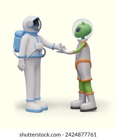 Astronaut and alien shake hands. Concept of first contact