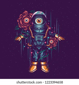 Astronaut And Alien In Space Illustration Vector, Lost In Space, Tshirt Design Concept, Flower Alien, Monster Eye