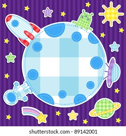Astronaut, alien, spaceships, stars and planets on space background with place for text