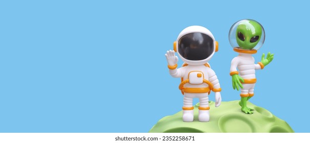 Astronauta y alienígena en los espacios espaciales están de pie sobre el asteroide. Contacto con el humanoide verde. Los personajes son amigables con las olas. Ir al espacio ultraterrestre. Afiche horizontal sobre fondo azul