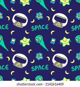 Astronaut, Alien, Stars, Moon, Galaxy On Dark Background Seamless Pattern. Modern Vintage, Pop Art Style Seamless Pattern Concept.