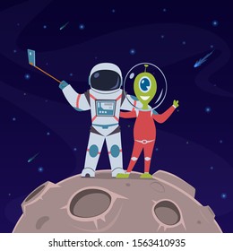 Astronaut and alien take selfie. Friendship between spaceman and alien humanoid on remote space planet cartoon vector childish universe adventure concept