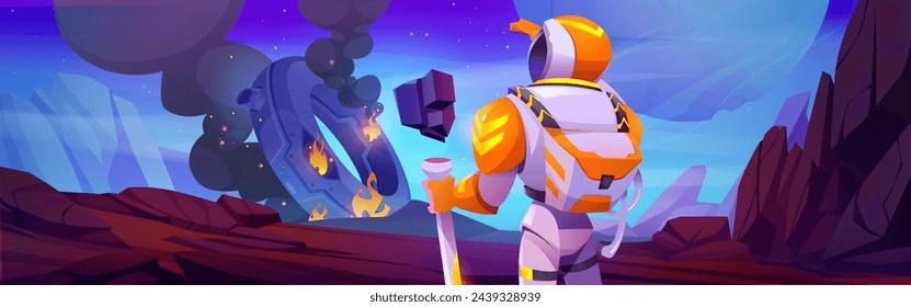 Astronaut and alien ufo spaceship crash landscape. Cosmonaut discovery saucer space ship in fantasy extraterrestrial desert after attack. Futuristic earth planet with boulder and starry sky view.