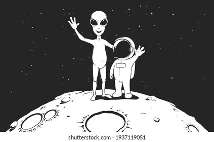 astronaut and alien welcomes us.Friendship of humanoid and spaceman.Vector illustration