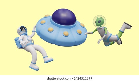 Astronaut and alien in zero gravity near UFO. Characters in spacesuits near flying saucer