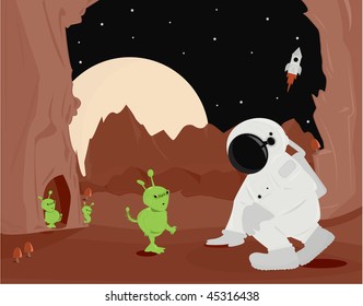 Astronaut and aliens on planet surface - vector version
