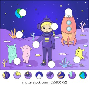 Astronaut with aliens on the surface of Moon. Complete the puzzle and find the missing parts of the picture. Vector illustration. Educational game for kids