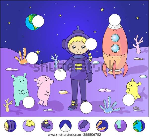 Astronaut with aliens on the surface of\
Moon. Complete the puzzle and find the missing parts of the\
picture. Vector illustration. Educational game for\
kids