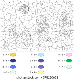 Astronaut and aliens put plants on the moon. Color by number educational game for schoolchild and preschool kids