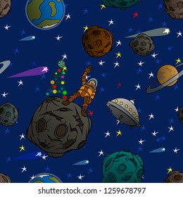 The astronaut alone decorated the tree he made and celebrates Christmas. Seamless. Vector illustration.