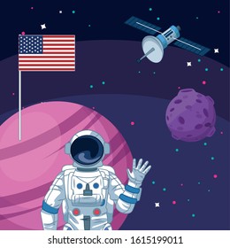 astronaut american flag planet spacecraft satellite space exploration vector illustration
