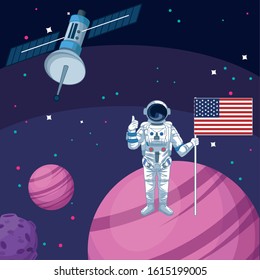 astronaut with american flag planets satellite space exploration vector illustration