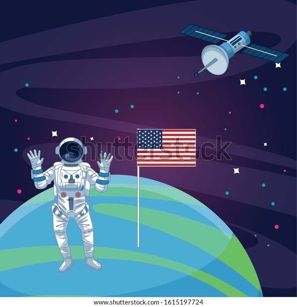 astronaut american flag satellite planet
space exploration vector
illustration