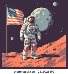 Astronaut with American flag standing in mars vector illustration