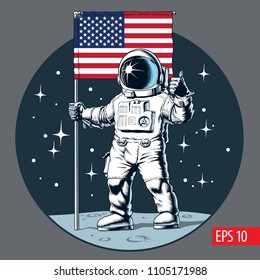 Astronaut with american flag stands on moon. Vector illustration.