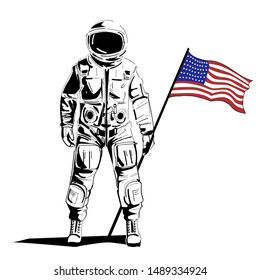 Astronaut with american flag stands in space helmet. First Man on the Moon. independence Day USA graphic modern print Vector illustration.