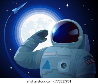 Astronaut in the American space suit salutes on the cosmic background with Moon, stars and flying rocket. US spaceman with blank badge hides his face under black filter of helmet. Vector retro poster.