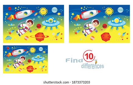 Astronaut among the stars, planets and flying saucers. Find 10 differences. Children's educational game.